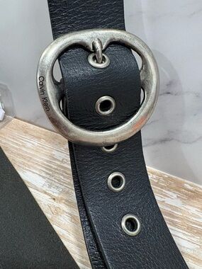 Vintage Y2K Calvin Klein Black Leather Belt with Round Antiqued Silver Buckle